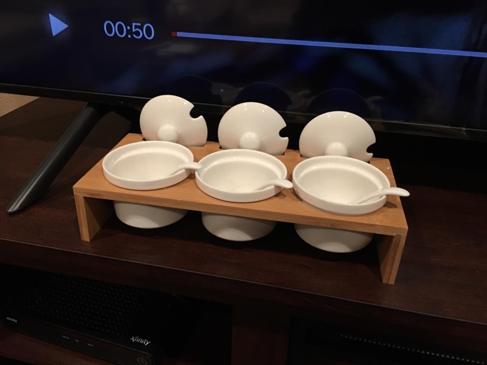 MyGift 10 Pcs Sauce Serving Dish, Hosting Party Essentials Host Gift, 3 Ceramic Ramekin Chip Dip Bowls with Lids & Spoons, Premium Bamboo Server Tray, Condiment Pot Entertaining customer photo 2