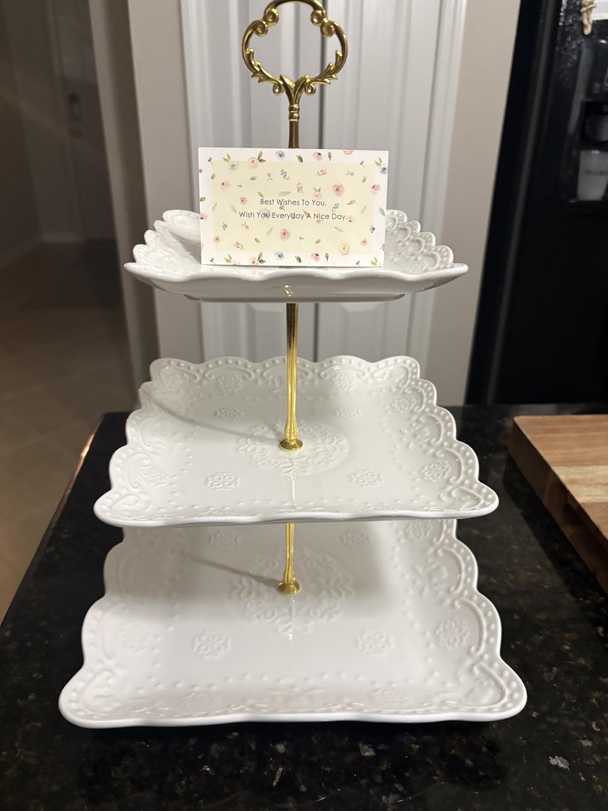Sumerflos 3 Tier Porcelain Cupcake Stand, Tiered Serving Cake Stand, Square White Embossed Dessert Stand, Weddings Parties Pastry Serving Tray customer photo 1