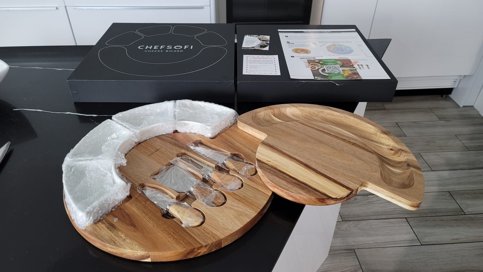 ChefSofi Charcuterie Board Set and Cheese Serving Platter - Made from Acacia Wood - US Patented 13 inch Cheese Board and Knife Set for Entertaining and Serving - 4 Knives and 4 Bowls customer photo 1