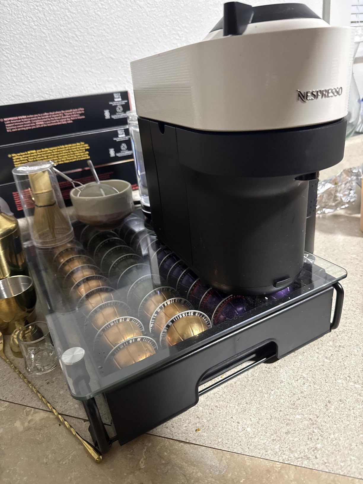 EVERIE Nespresso Vertuo Pod Holder Drawer, Coffee Pod Organizer with Universal Slots, Holds 40 Large or 52 Small Capsules, Tempered Glass Top Storage Drawer for Coffee Makers customer photo 1