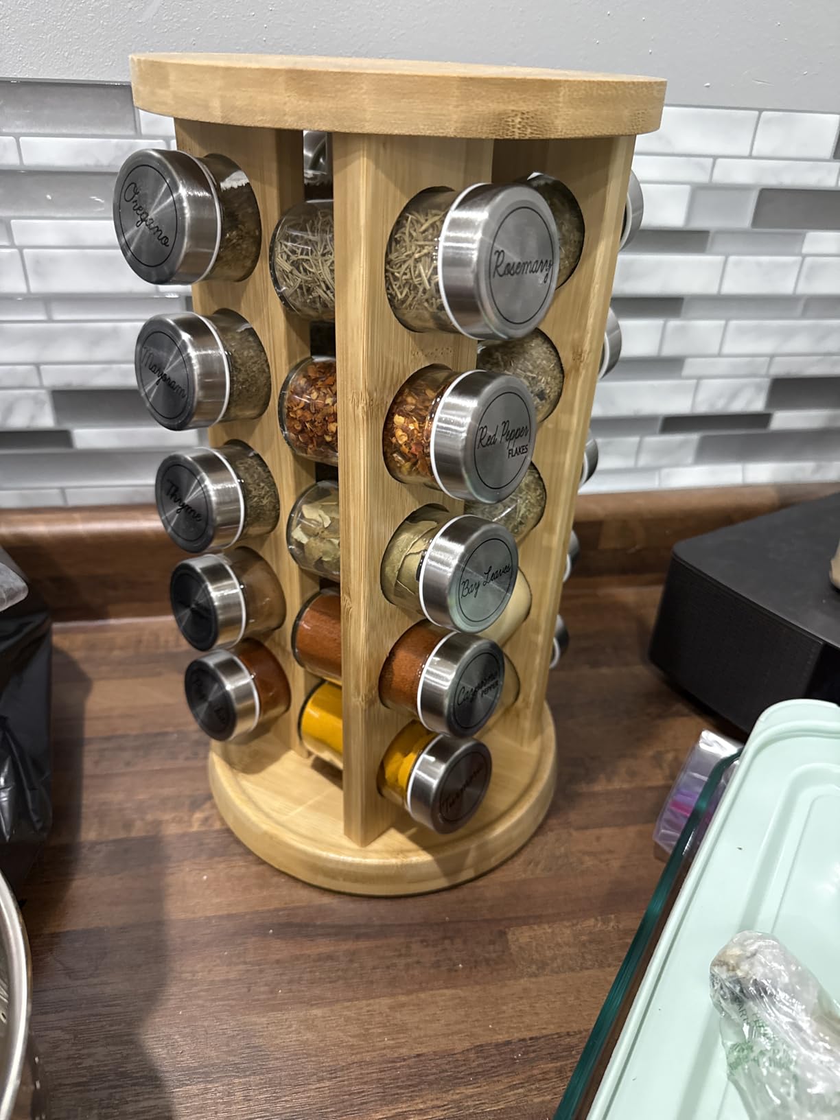 20 Jar Rotating Bamboo Spice Rack with Spices Included & 5-Year Free Spice Refill Program - Revolving Countertop Spice Rack with Glass Jars customer photo 1