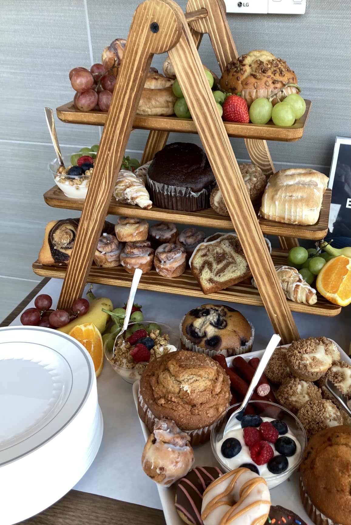 Manspdier Wood 3 Tier Serving Tray Three Tiered Cupcake Stand, Rectangle Serving Platter Wooden Farmhouse Tiered Tray, Party Serving Brown Decorative Tray Decor customer photo 2
