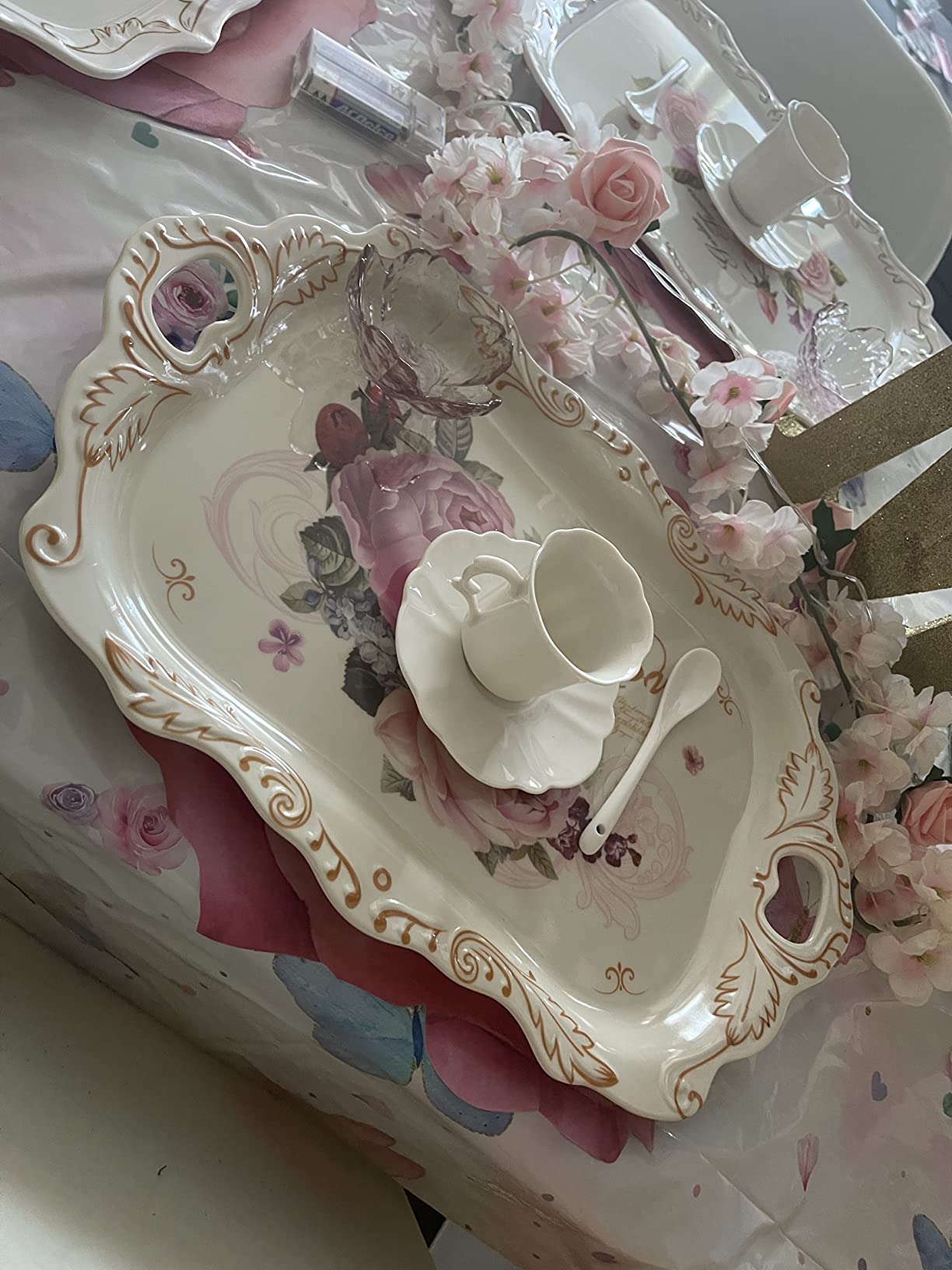 3-Pack Melamine Serving Tray, Stackable Food Tray with Handles for Eating, Unbreakable Large Serving Platter with Floral Print for Gift, Party, Decor, Home, Restaurant, 16