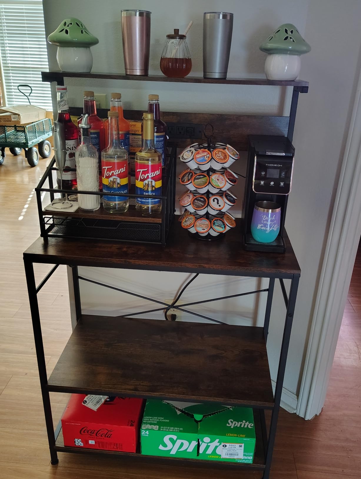 SUPERJARE Kitchen Bakers Rack with Power Outlet, Coffee Bar Table 4 Tiers, Kitchen Microwave Stand with 6 S-shaped Hooks, Storage Shelf Rack for Spices, Pots and Pans - Rustic Brown customer photo 2