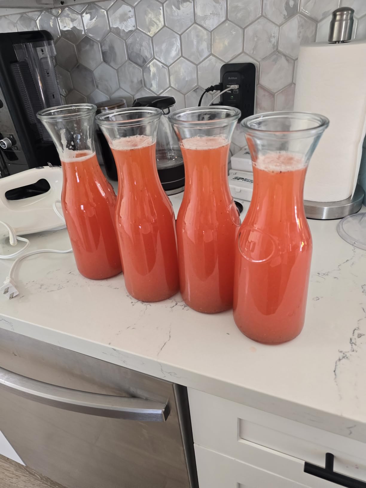 JoyJolt Glass Carafe with Lid, Set of 3 – 1 Liter Glass Pitcher for Mimosa Bar, Water, Iced Tea, Juice, Wine, Lemonade, Milk – Dishwasher Safe Beverage Drink Dispensers for Brunch, Parties customer photo 1