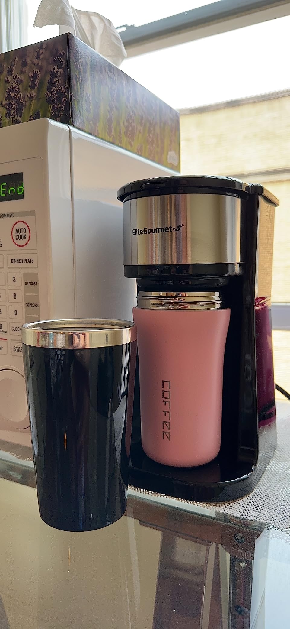 Elite Gourmet EHC112 Personal Single-Serve Compact Coffee Maker, Black | Includes 14oz stainless steel interior thermal travel mug, reusable filter - compatible with coffee grounds customer photo 1