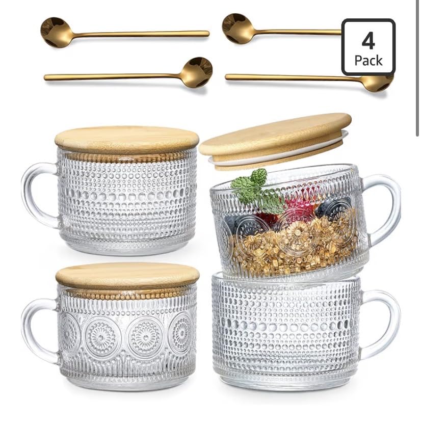 LANDNEOO 4pcs Set Vintage Coffee Mugs gifts for women, Overnight Oats Containers with Bamboo Lids and Spoons - 14oz Clear Embossed Glass Cups, Cute Coffee Bar Accessories, Iced Coffee Glasses customer photo 2