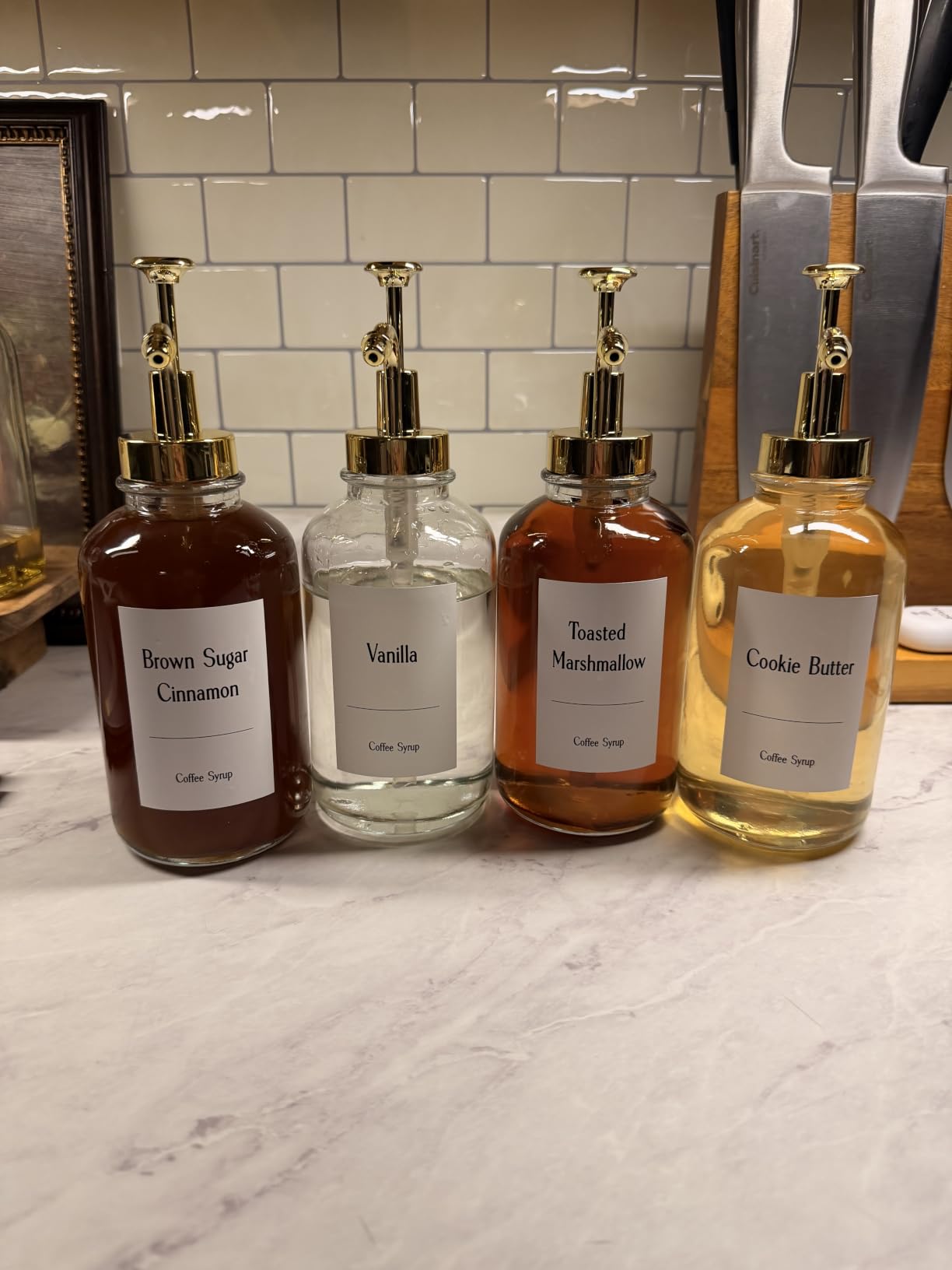 16.9 oz (500 ml) Coffee Syrup Dispenser Set- 4 Glass Bottles with Gold Pumper and Syrup Labels - Precise Dispensing and Stylish Addition to Coffee Shop, Cafe or Home Bar customer photo 1
