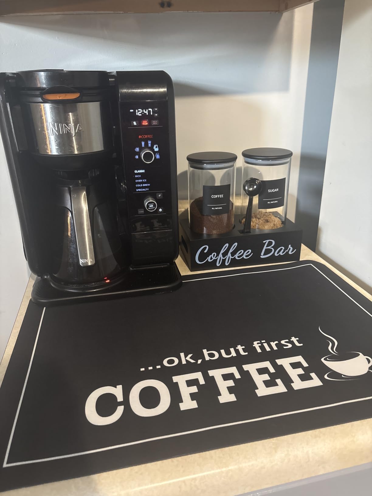 gmisun Coffee Container, 2 Pcs 50 Fl oz Airtight Bean Storage Canister, Black Glass Ground Coffee and Sugar Jar Set with Scoop/Shelf/Labels, Sugar/Tea Holder Containers for Cafe Bar Countertop customer photo 1