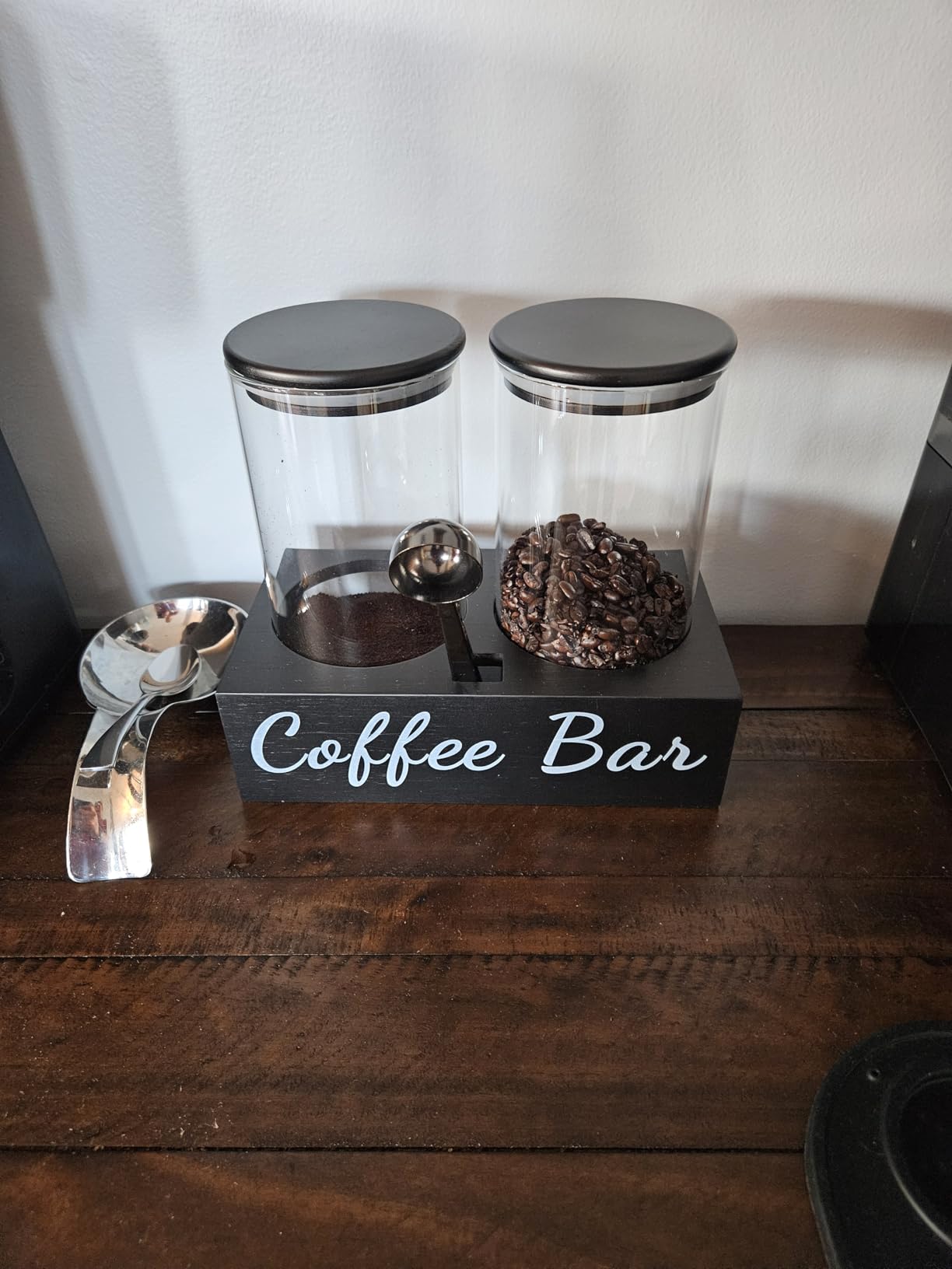 gmisun Coffee Container, 2 Pcs 50 Fl oz Airtight Bean Storage Canister, Black Glass Ground Coffee and Sugar Jar Set with Scoop/Shelf/Labels, Sugar/Tea Holder Containers for Cafe Bar Countertop customer photo 2