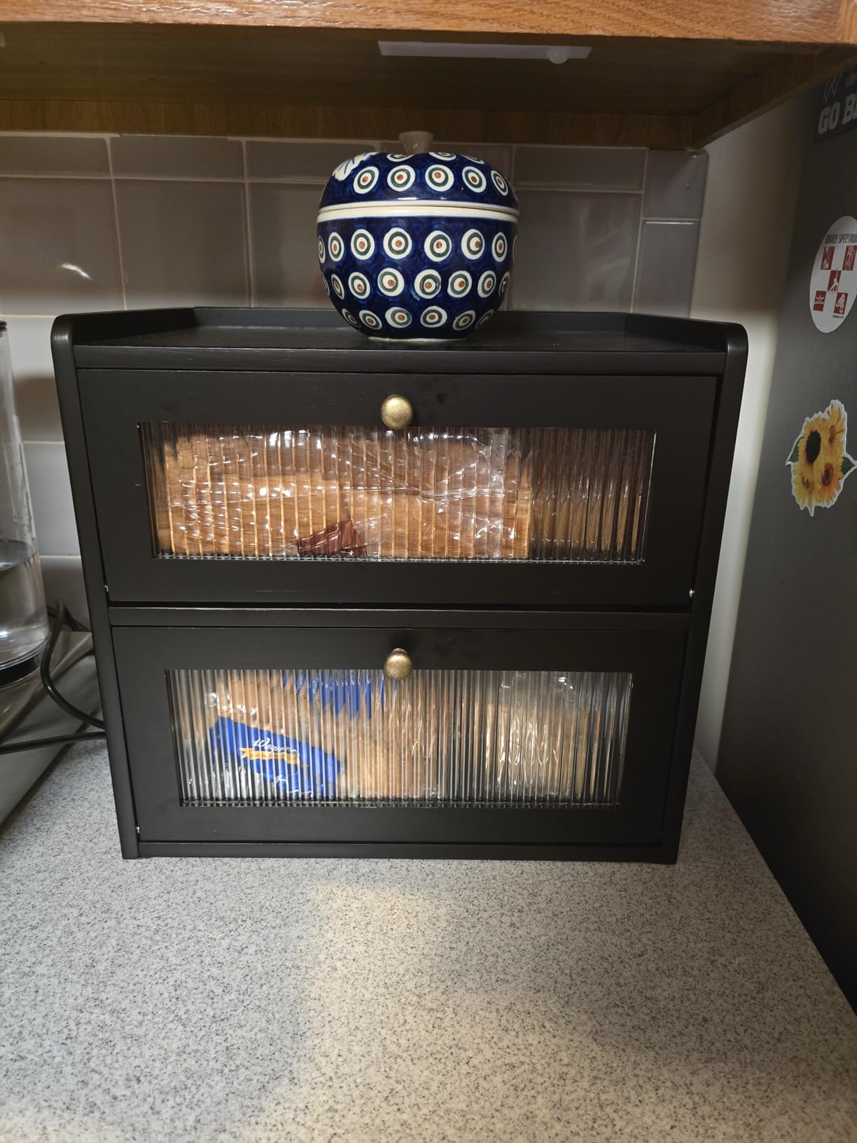 Sunhoo Bread Box for Kitchen Countertop Wooden Bread Storage Container Bin 2 Layer Breadbox Holder Large Capacity Keeper Vintage Farmhouse Food Organizer Pantry Shelf Acrylic Window (Brown) customer photo 1