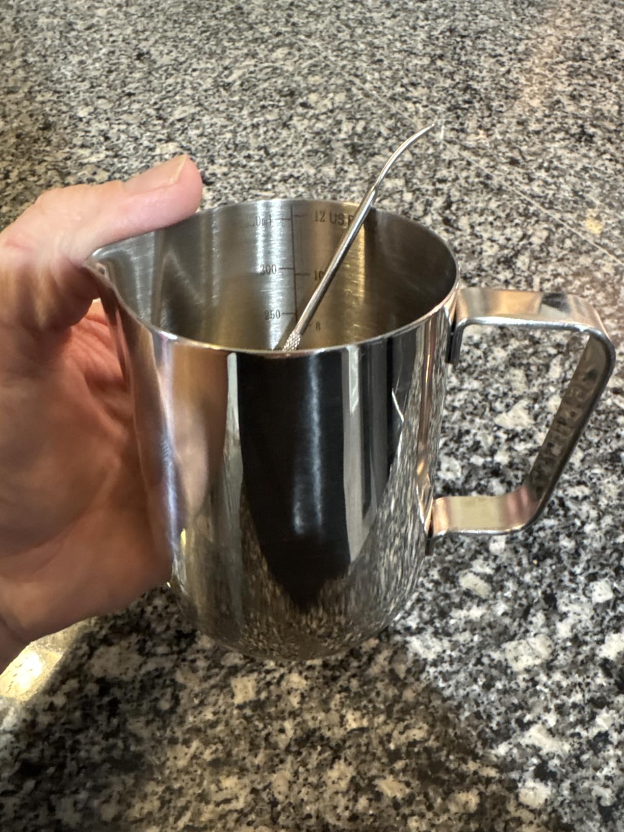 Amrules Milk Frothing Pitcher, 12oz Milk Frother Cup with Clear Scale, 304 Stainless Steel Cappuccino Espresso Machine Accessories for Barista Coffee Bar with Latte Art Pen, Silver customer photo 2