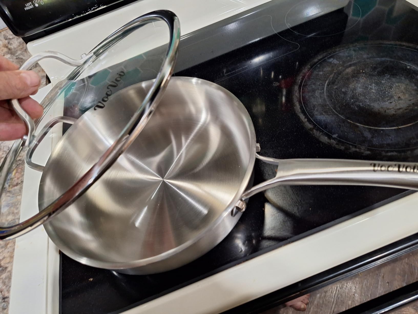VocVoi Stainless Steel Pan with Lid, 6 QT Stainless Steel Saute Pan, 12 Inch Frying Pan, PFOA & PTFE Free, Tri-Ply Skillet, Stainless Steel Pot, Dishwasher & Oven Safe, Works on All Cooktops customer photo 2