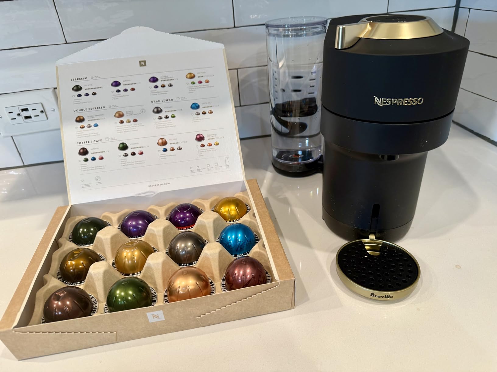 Nespresso Vertuo Pop+ Coffee & Espresso Maker by De'Longhi, Black & Gold | Matte black and gold coffee machine with sleek design, 37 fl. oz. side water tank, 30 second heat-up and auto pod ejection. customer photo 2
