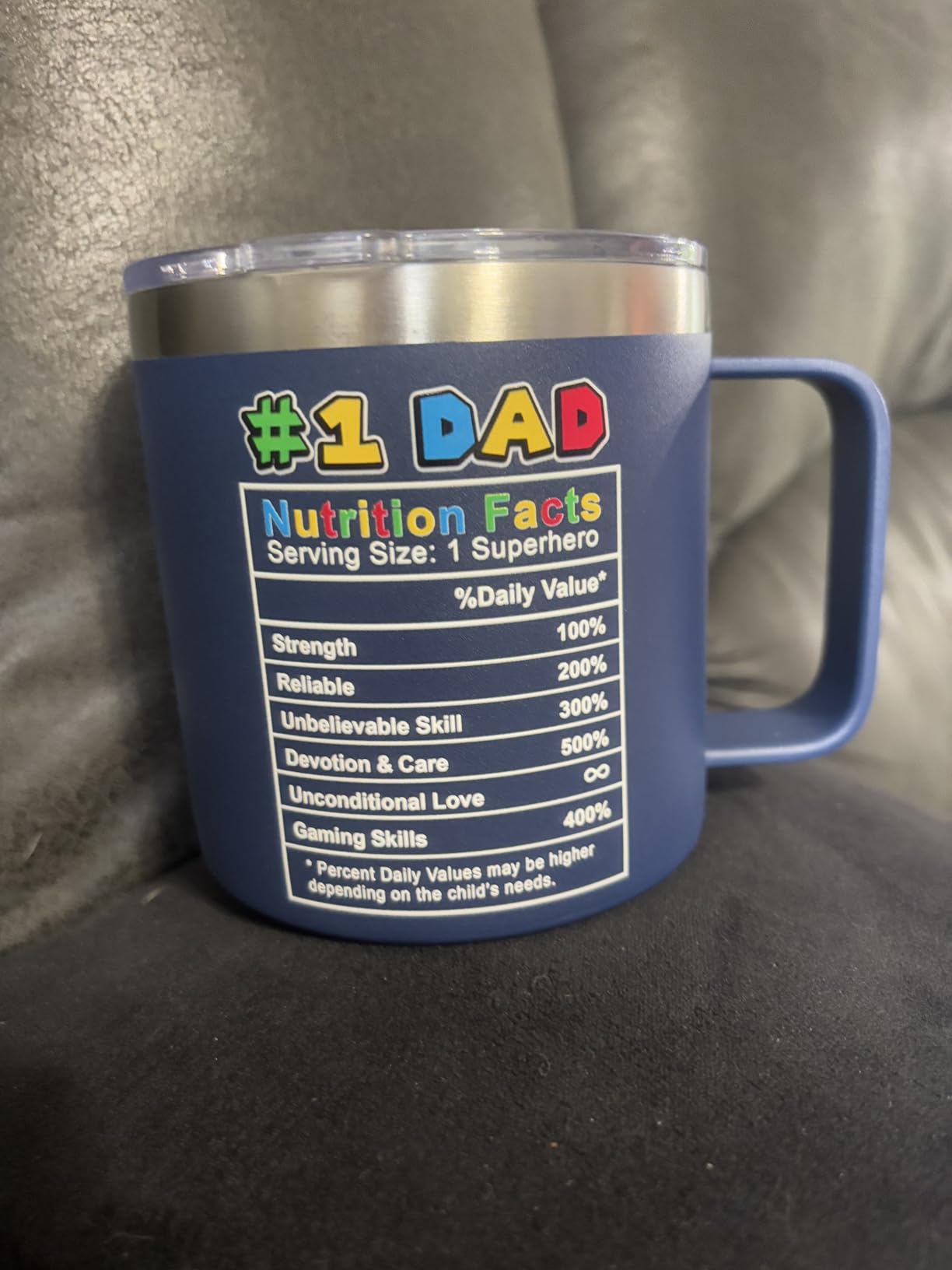 Gossby 14oz Super Daddio Travel Coffee Mug Tumbler - No. 1 Dad Nutrition Facts - Insulated Stainless Steel Cup with Handle customer photo 2