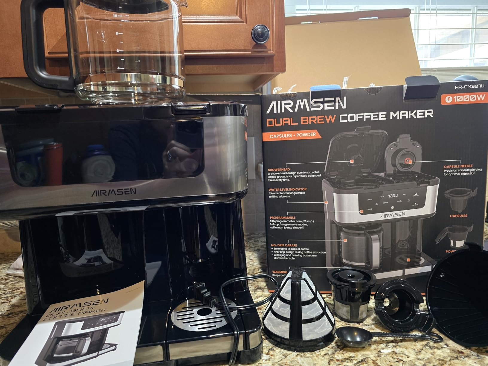AIRMSEN 12-Cup Programmable Dual Coffee Maker - Single Serve Machine for K-Cup Pods & Ground, 1000W Fast Brew, Delay Start, 2H Keep Warm, Touchscreen, 60oz Tank, Glass Carafe - Home & Office customer photo 1