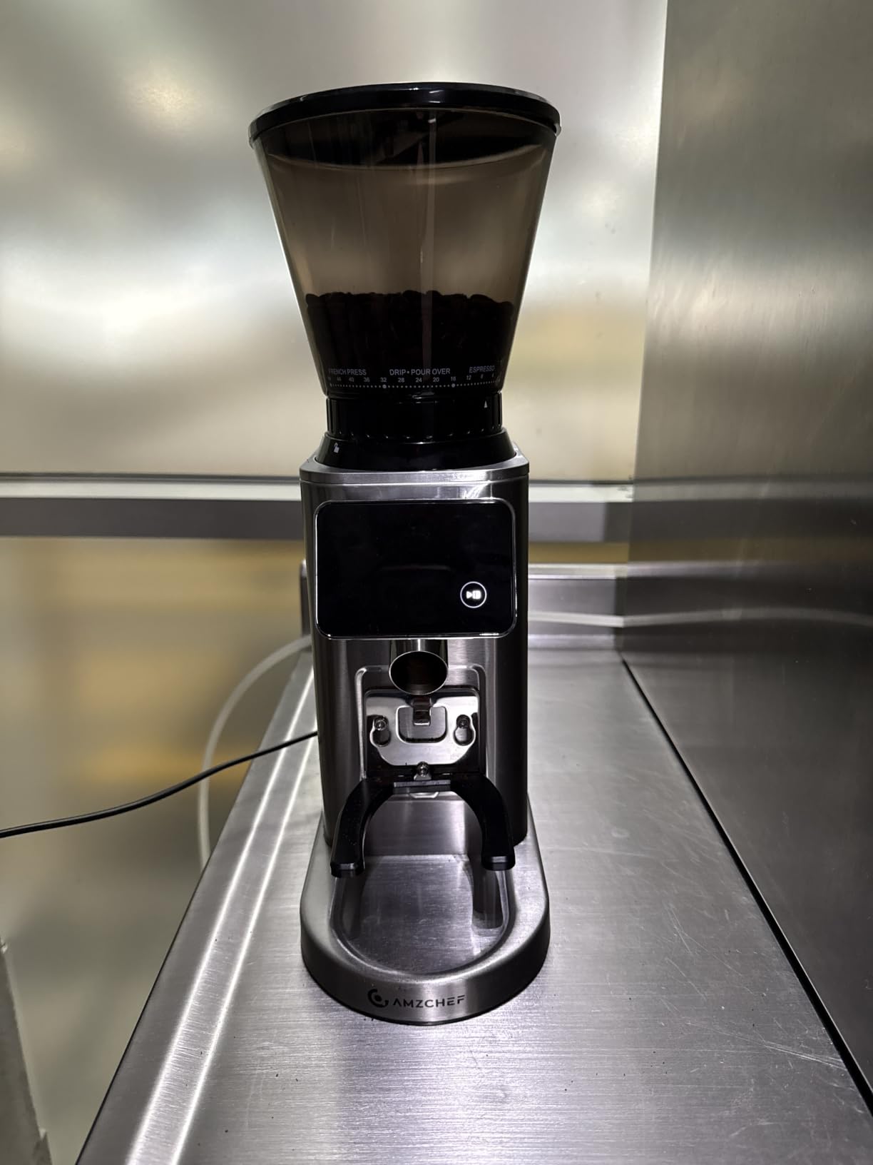 AMZCHEF Burr Coffee Grinder, 48 Settings, Less Static Mess, Metallic Silver | 40mm Burr, Low Retention, 0.5s LED Timer, Stainless Steel Body, Fit 51-54/58 Espresso Portafilter customer photo 1