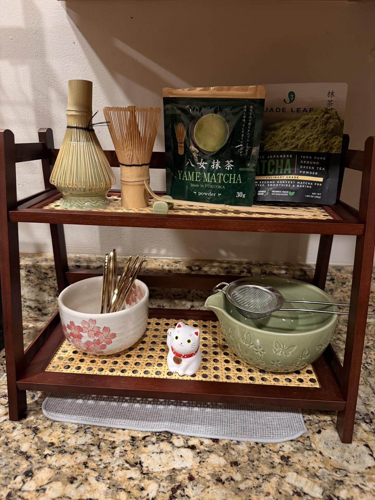 ANBOXIT Matcha Station Organizer, Countertop Bamboo Coffee & Tea Station | Rattan-Look 2 Tier Mug Holder Display Stand for Kitchen Condiment, Coffee Accessories, Home, Office customer photo 1