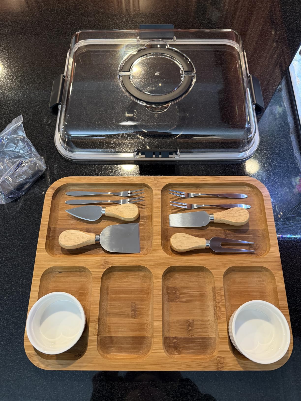 Charcuterie Board with Lid, Carbonized Bamboo, Knives Set and Bowls | Portable Double-Sided Locking Design, Cheese, veggie & Snack Serving Tray, Great for Picnics & Housewarming Gifts customer photo 1