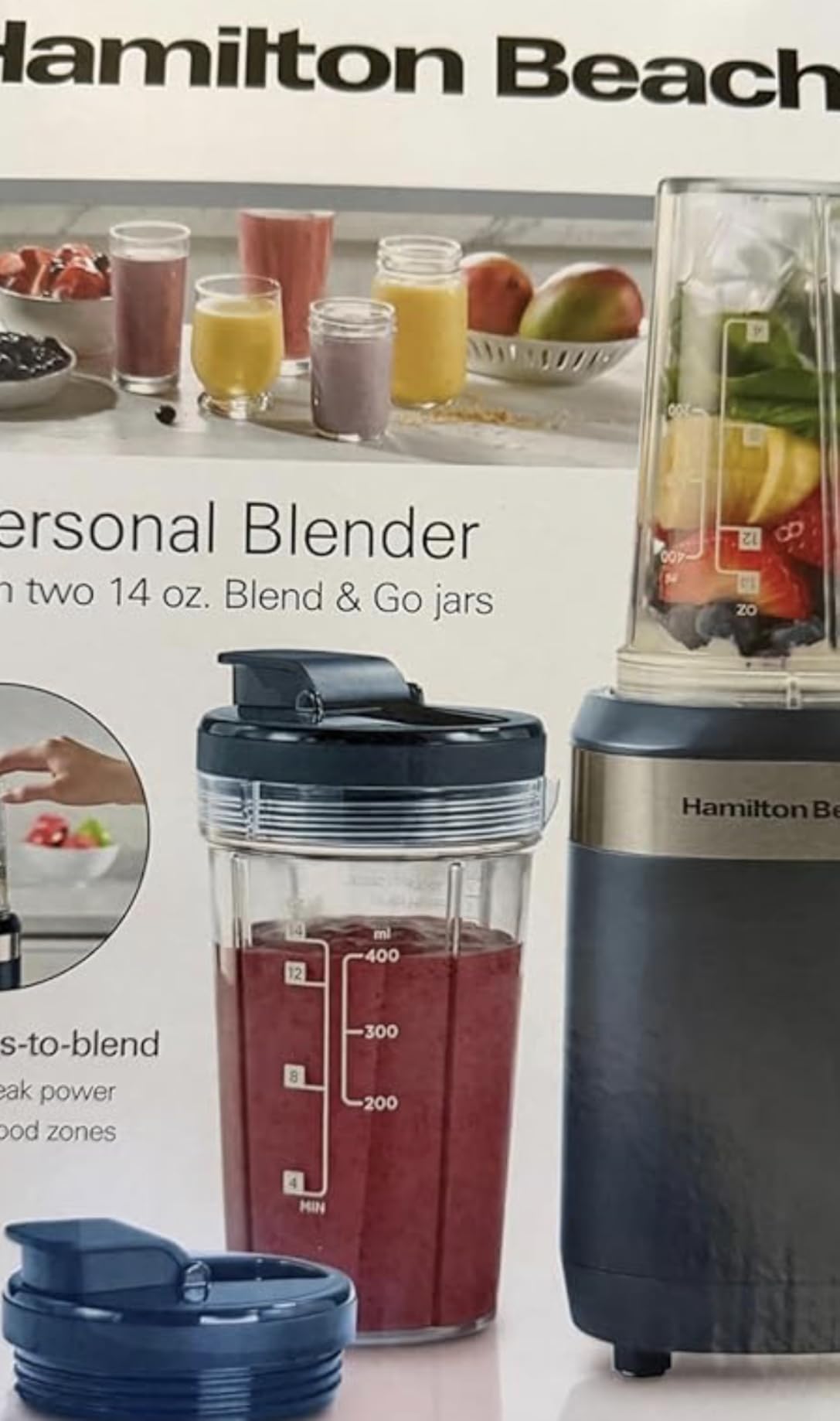 Hamilton Beach Portable Blender for Smoothies with 2 Blend & Go Jars, 2 x 14 oz, 400 Watt, Blue (51202J) customer photo 1