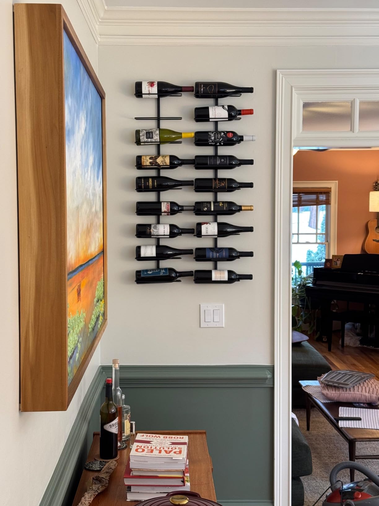 True Align Wall-Mounted Wine Rack, Black Wrought Iron, Minimalist Modern Wine Display, Alcohol Storage Solution, Holds Nine Standard Wine Bottles, 37.75