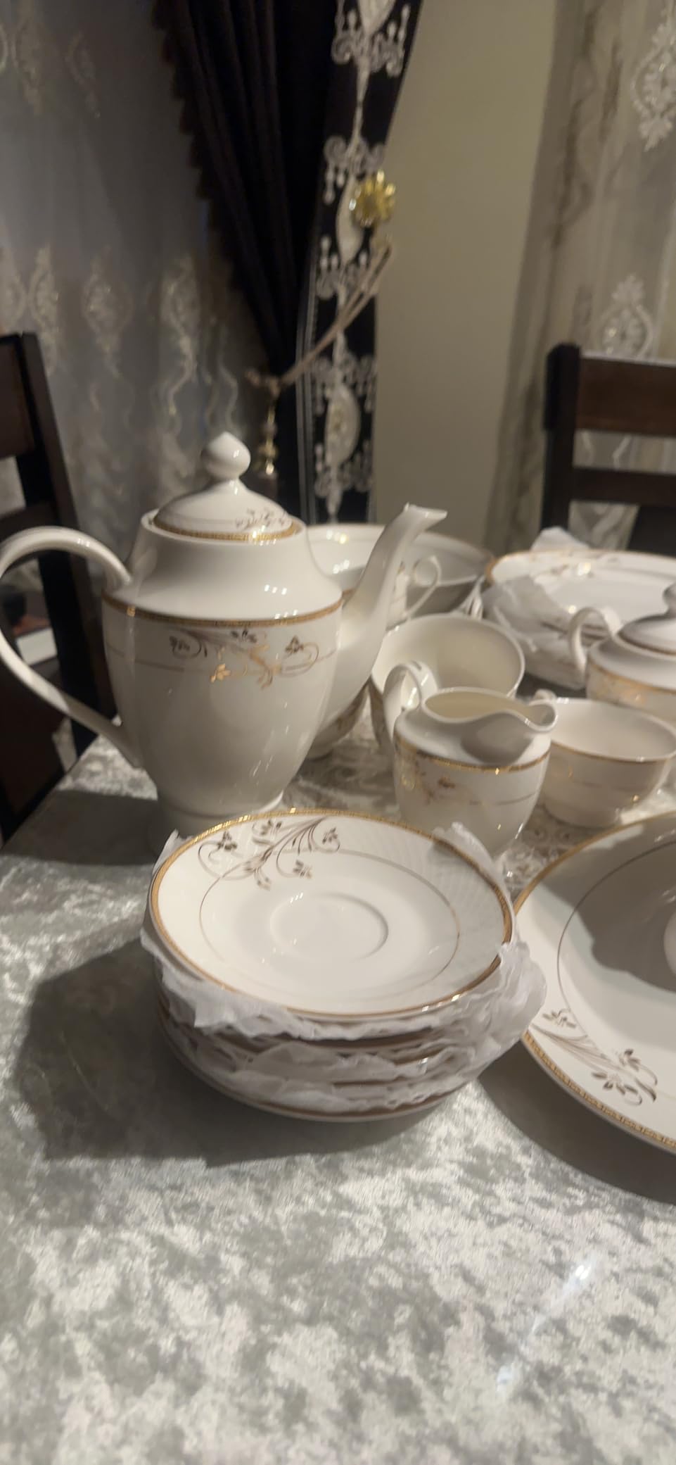 Lorren Home Trends La Luna Bone China 57-Piece 24K Gold Floral Design Dinnerware Set, Service for 8 customer photo 2