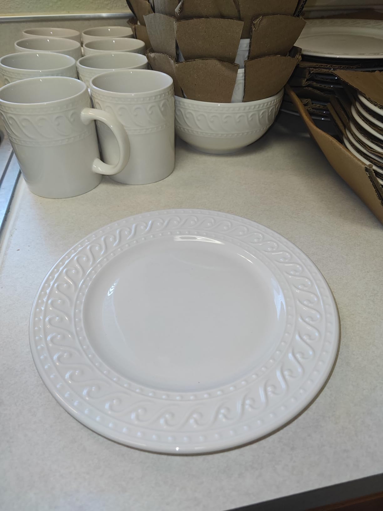 Pfaltzgraff Sylvia Dinnerware Set 32-Piece Service for 8 - White Porcelain Dinner Plates, Salad Plates, Soup Bowls and Mugs with Embossed Scrollwork customer photo 2