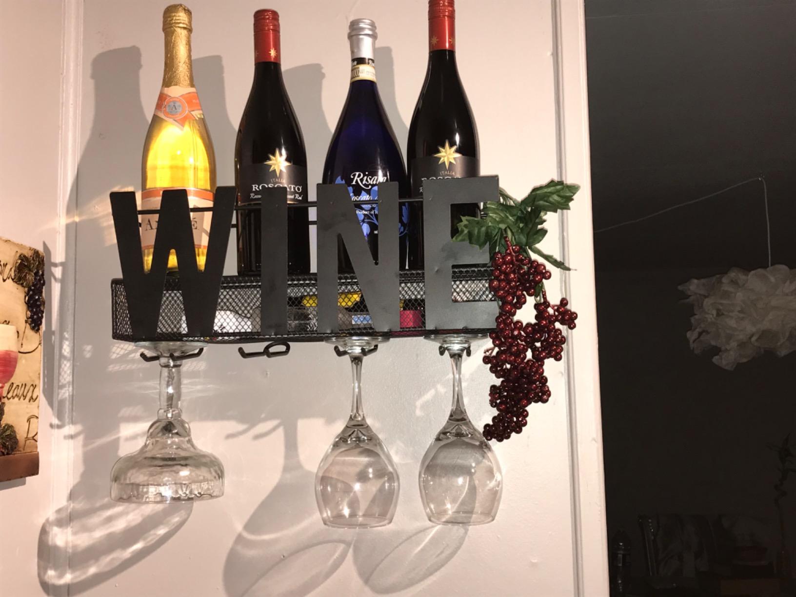 Wall Mounted Metal Wine Rack - Wine Rack Wall Mount Wine Bottle Holder 4 Long Stem Glass Holder & Wine Cork Storage Home customer photo 1