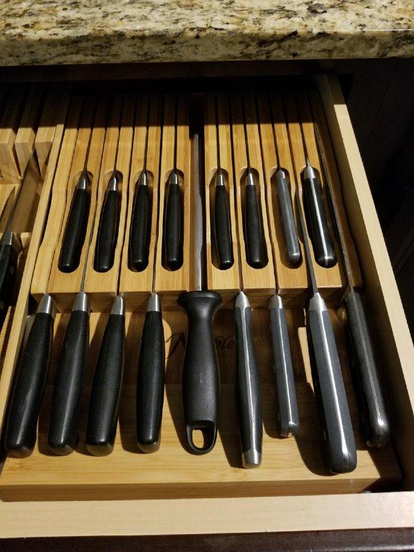 In-Drawer Bamboo Knife Block Holds 16 Knives (Not Included) Without Pointing Up PLUS a Slot for your Knife Sharpener! Noble Home & Chef Knife Organizer Made from Quality Moso Bamboo customer photo 1