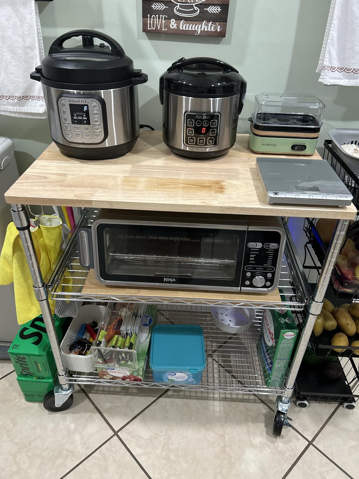 Finnhomy 3-Tier Rolling Kitchen Cart, Microwave Cart with Oak Wood Tabletop and Drawer Slider, Coffee Cart & Food Service Cart with Hooks, Chrome customer photo 2