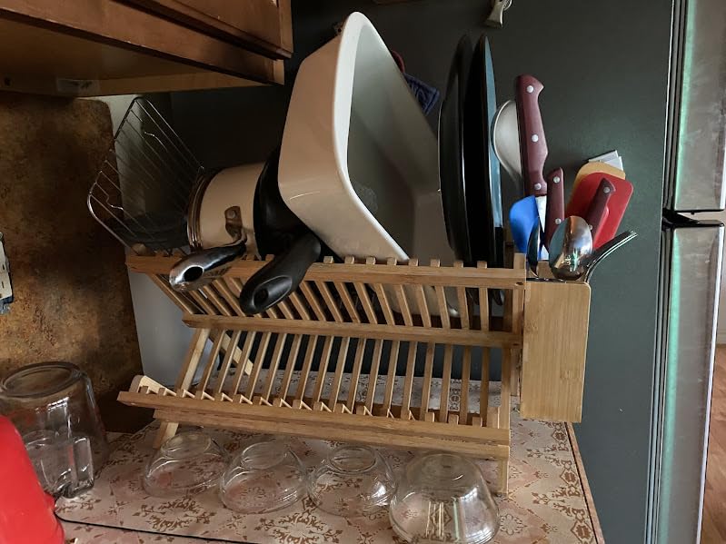 HBlife Dish Rack, Bamboo Folding 2-Tier Collapsible Drainer Dish Drying Rack with Utensils Flatware Holder Set (Dish Rack with Utensil Holder) customer photo 2