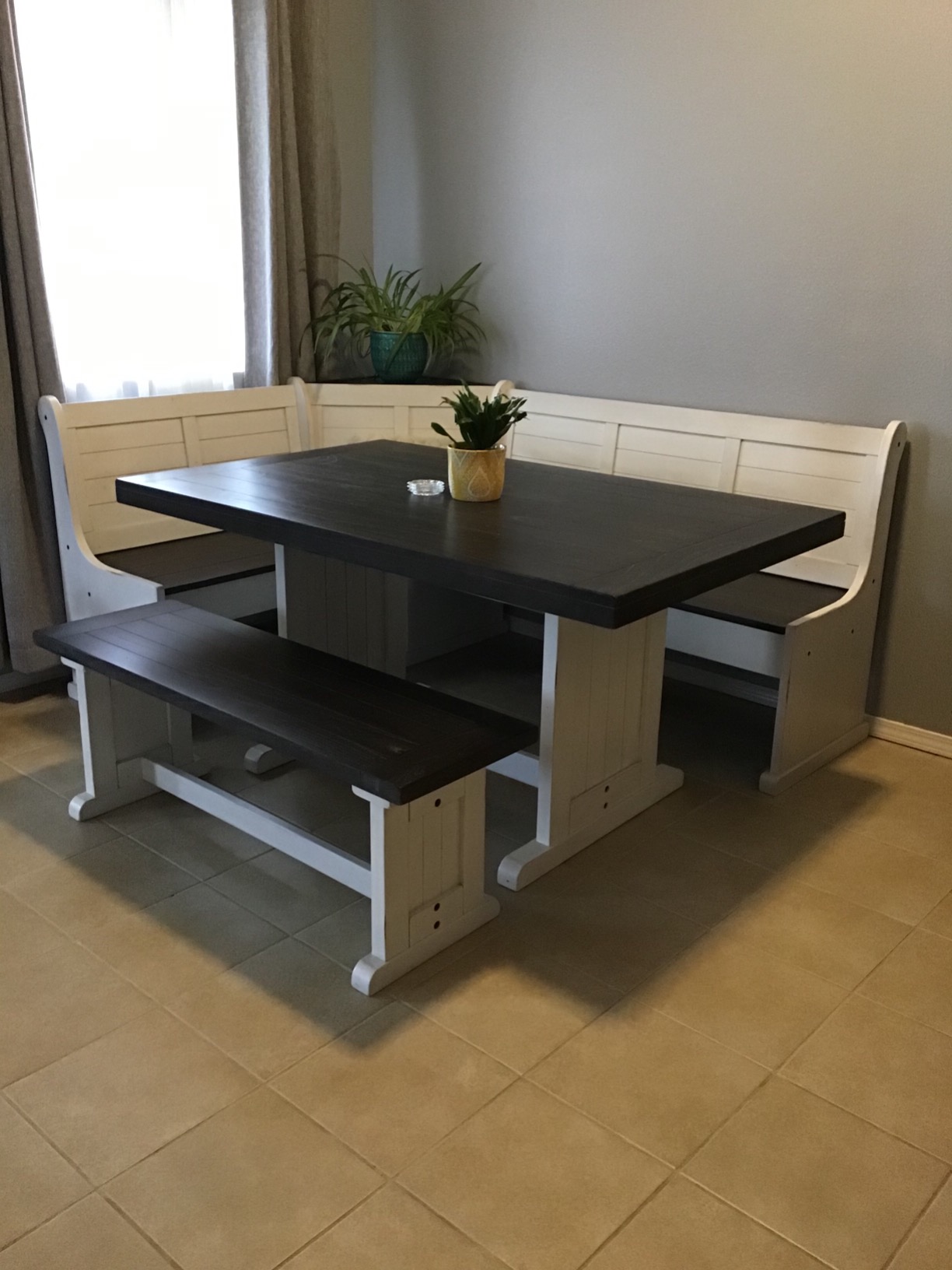 Carriage House Wood Breakfast Nook Set, Off White and Dark Brown Finish, Mahogany Base, Hidden Storage Benches, Reversible Design, Two-Toned European Cottage Style Dining Set for Small Spaces customer photo 2