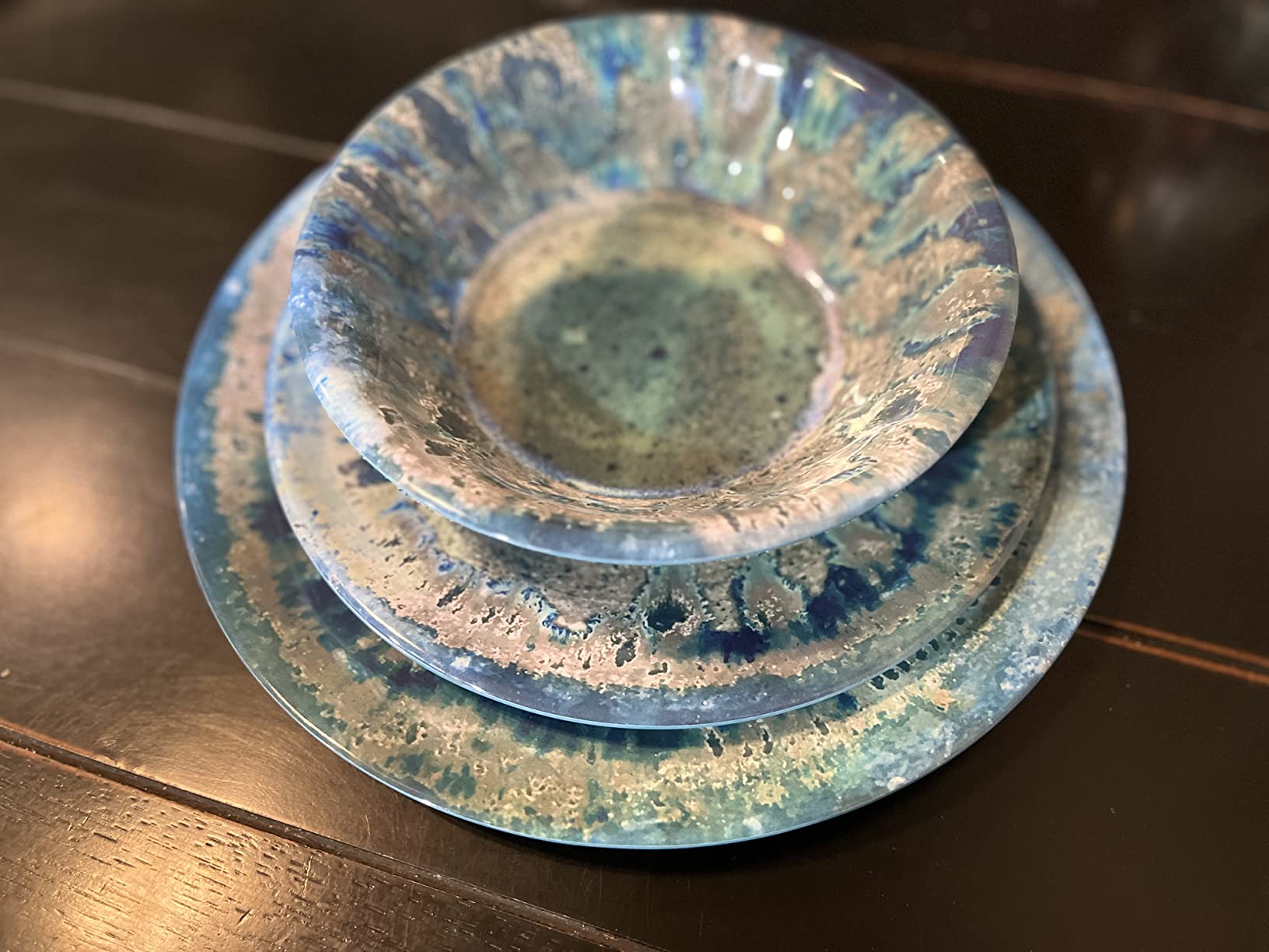 Radiance Teal 12pc Melamine Dinnerware Set – Service for 4 Plates and Bowls Set, Outdoor Dinnerware, Coastal Dishes, Unbreakable, Dishwasher Safe, Heavyweight Melamine, Rustic Look customer photo 2