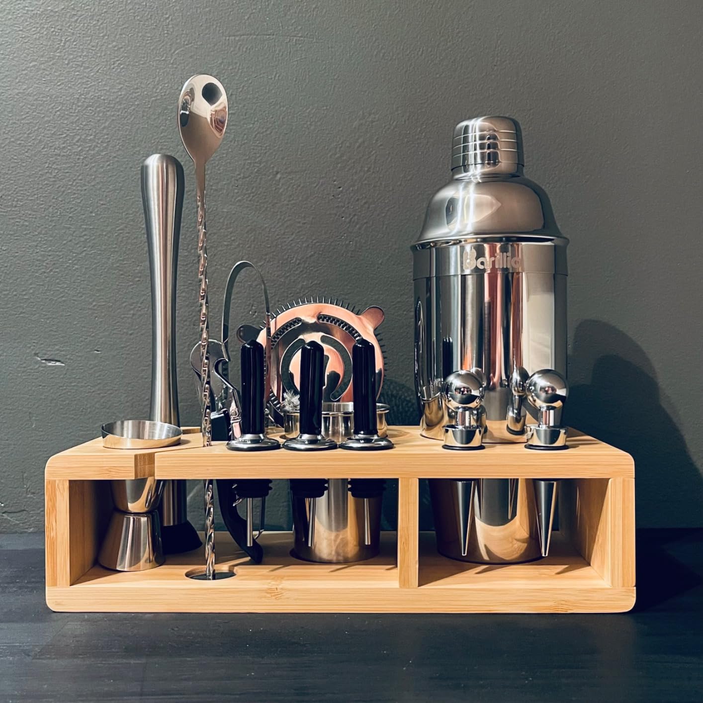 Barillio Bartender Kit - Stainless-Steel Cocktail Shaker Set w/Bamboo Stand - Mixology Bar Tools w/Drink Shaker, Mixer Spoon & Muddler for Cocktails - Home Bar Accessories - 23-Pc Bar Set - Silver customer photo 1
