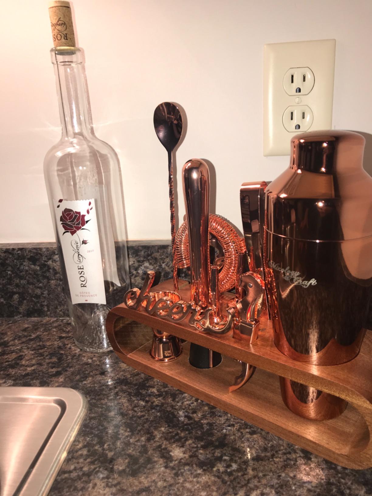 Mixology & Craft Cocktail Shaker Set with Dark Bamboo Stand - Professional 10-Piece Bartender Kit - Complete Bar Set & Cocktail Mixer Kit for Home (Gold) customer photo 1