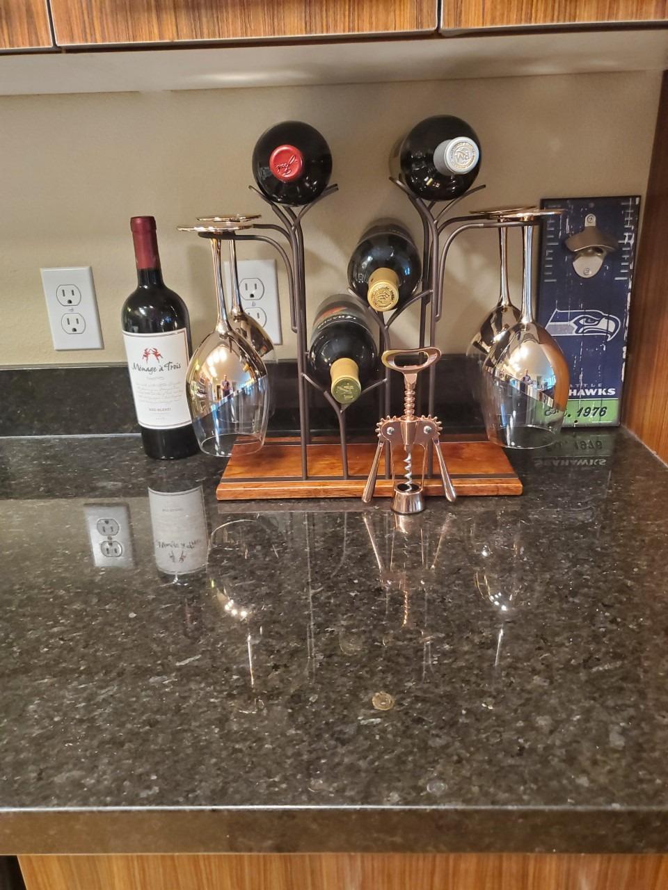Tabletop Wood Wine Holder, Countertop Wine Rack, Hold 4 Wine Bottles and 4 Glasses, Perfect for Home Decor & Kitchen Storage Rack, Bar, Wine Cellar, Cabinet, Pantry, etc, Wood & Metal (Bronze) customer photo 2