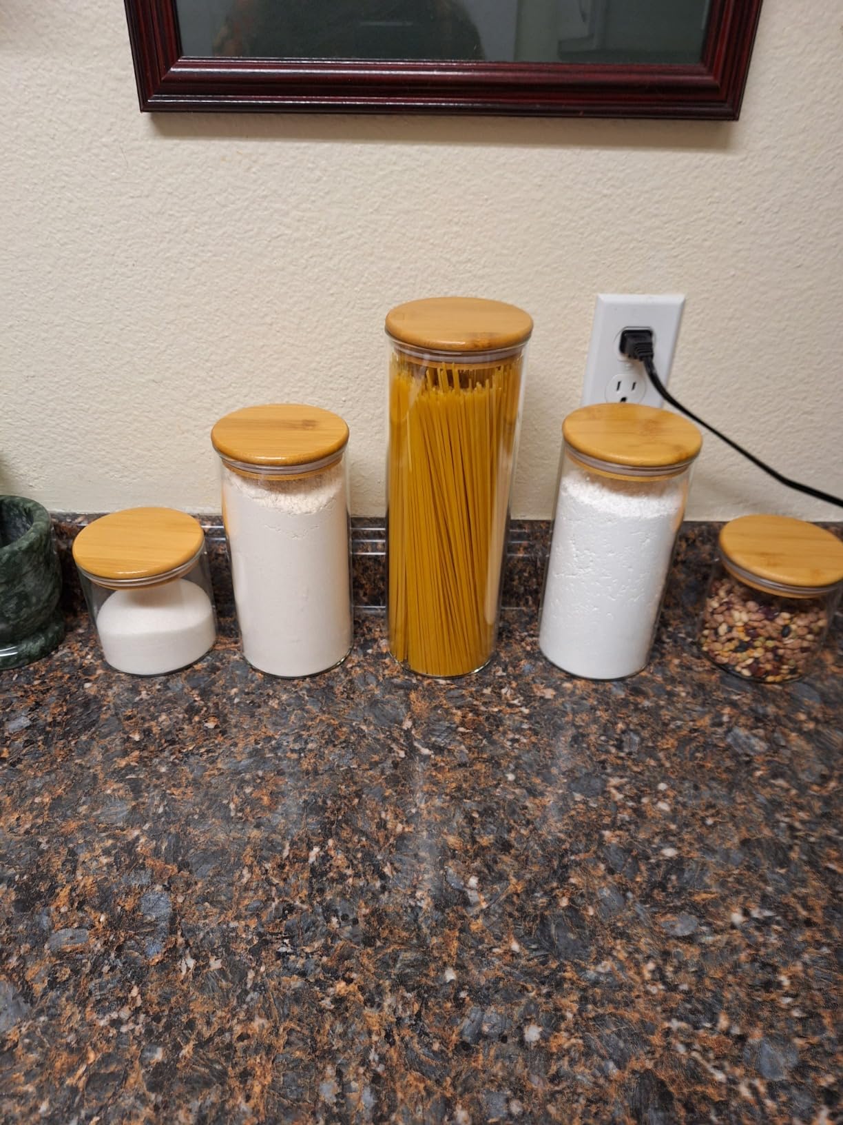 LEAVES AND TREES Y Stackable Kitchen Canisters Set, Pack of 5 Clear Glass Food Storage Jars Containers with Airtight Bamboo Lid for Candy, Cookie, Rice, Sugar, Flour, Pasta, Nuts customer photo 1