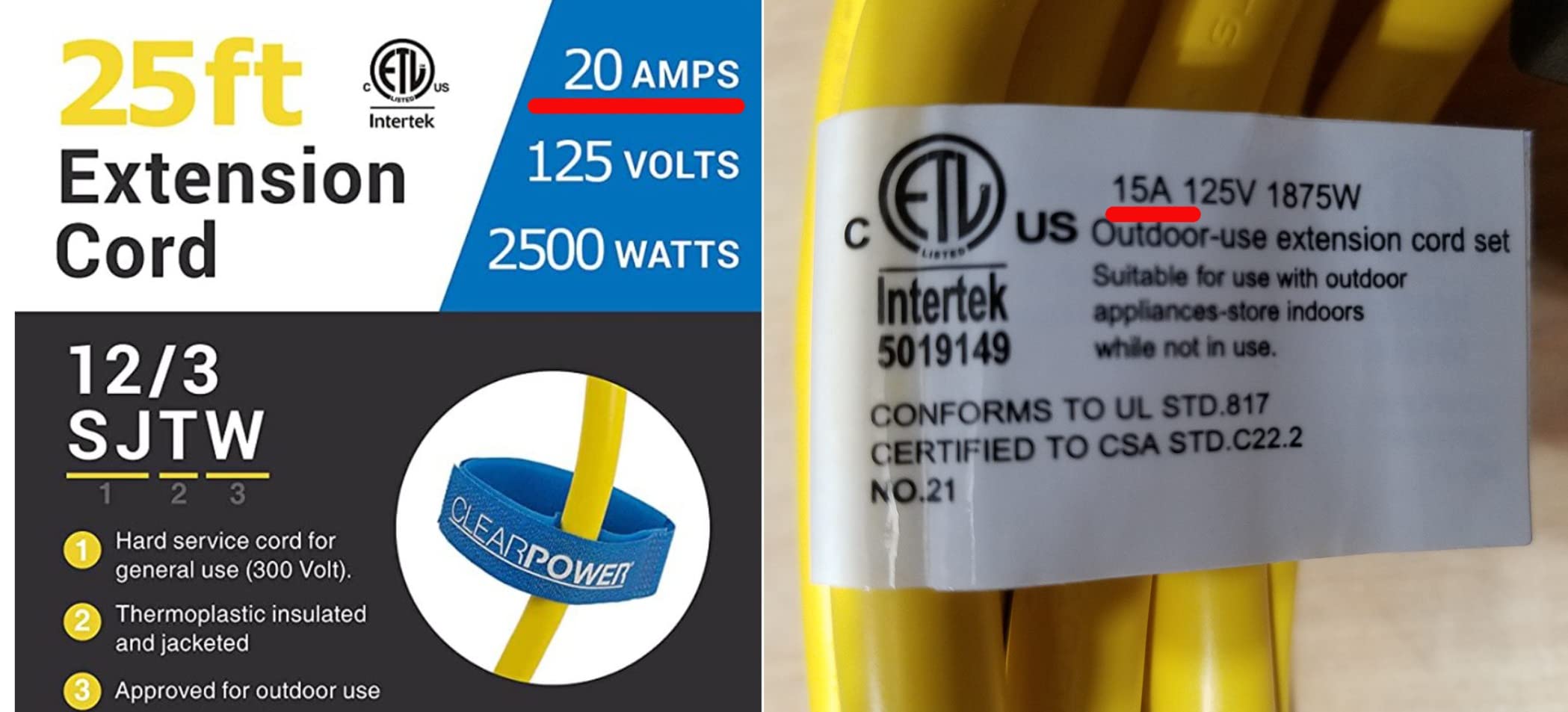 Clear Power 50 ft 12/3 SJTW Heavy Duty Outdoor Extension Cord, Water & Weather Resistant, Flame Retardant, Yellow, 3 Prong Grounded Plug, CP10145 customer photo 1