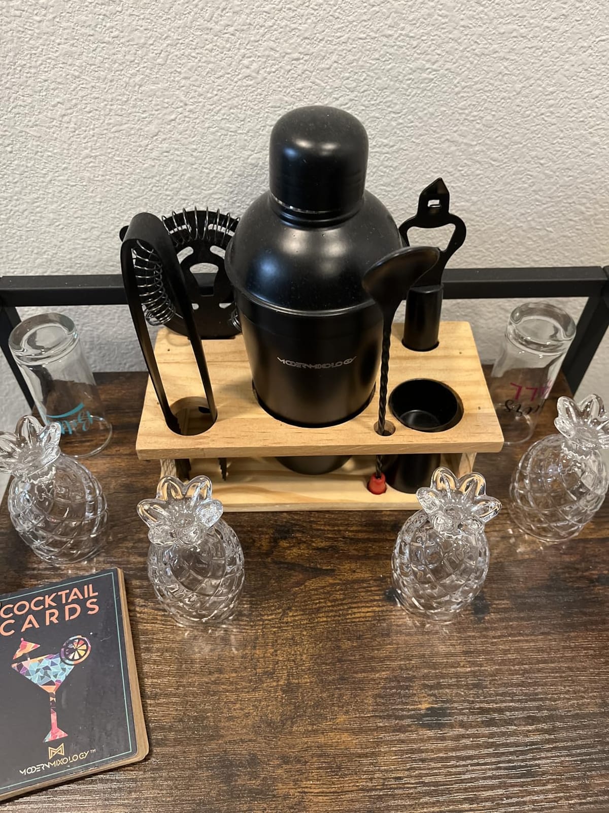 Modern Mixology Cocktail Shaker Set - 8 Piece Bartender Kit on Quality Pine Stand | Complete Cocktail Kit Gift Set | Top Bartender Gifts for Men | Leak Proof Design (Black) customer photo 1