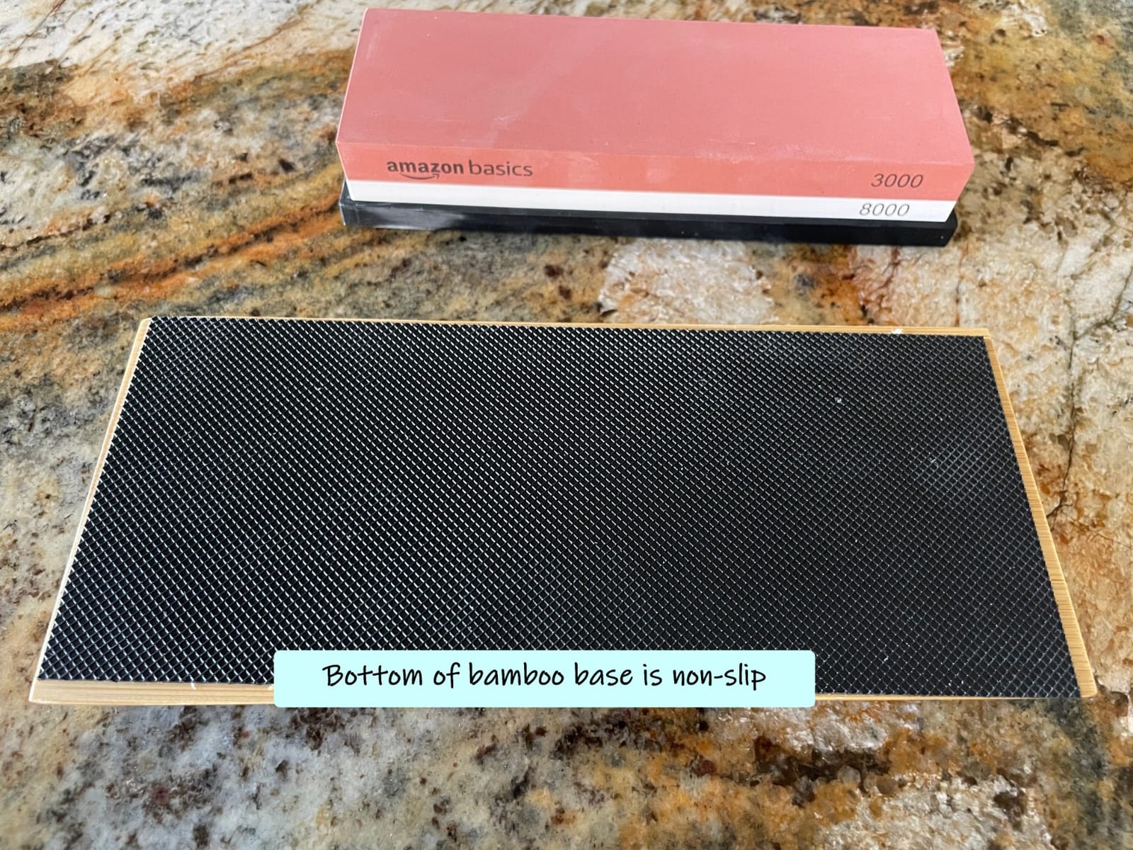 Amazon Basics Whetstone Knife Sharpening Stone Set, Double-sided 400/1000 and 3000/8000 Grit Stones, Flattening Stone with Angle Guide, Non-Slip Bamboo Base, 3 Count, Black & Grey customer photo 1