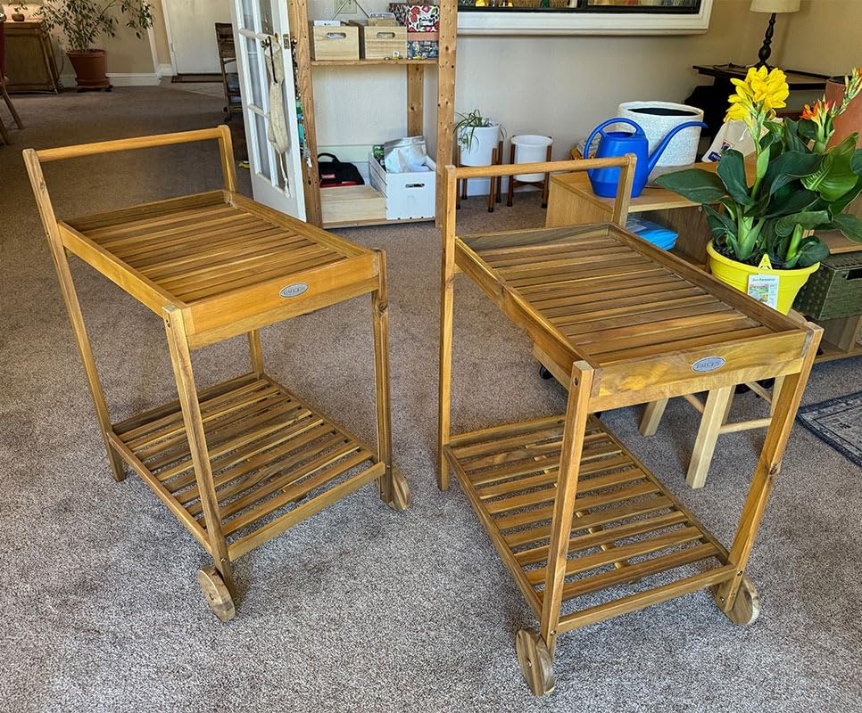 Tangkula Wood Bar Cart, Outdoor Indoor 2 Tier Rolling Serving Cart with Wine Bottle Holders and 2 Rubber Wheels, Bar Table Beverage Drink Cart for Kitchen, Patio, Garden and Poolside, Natural customer photo 1