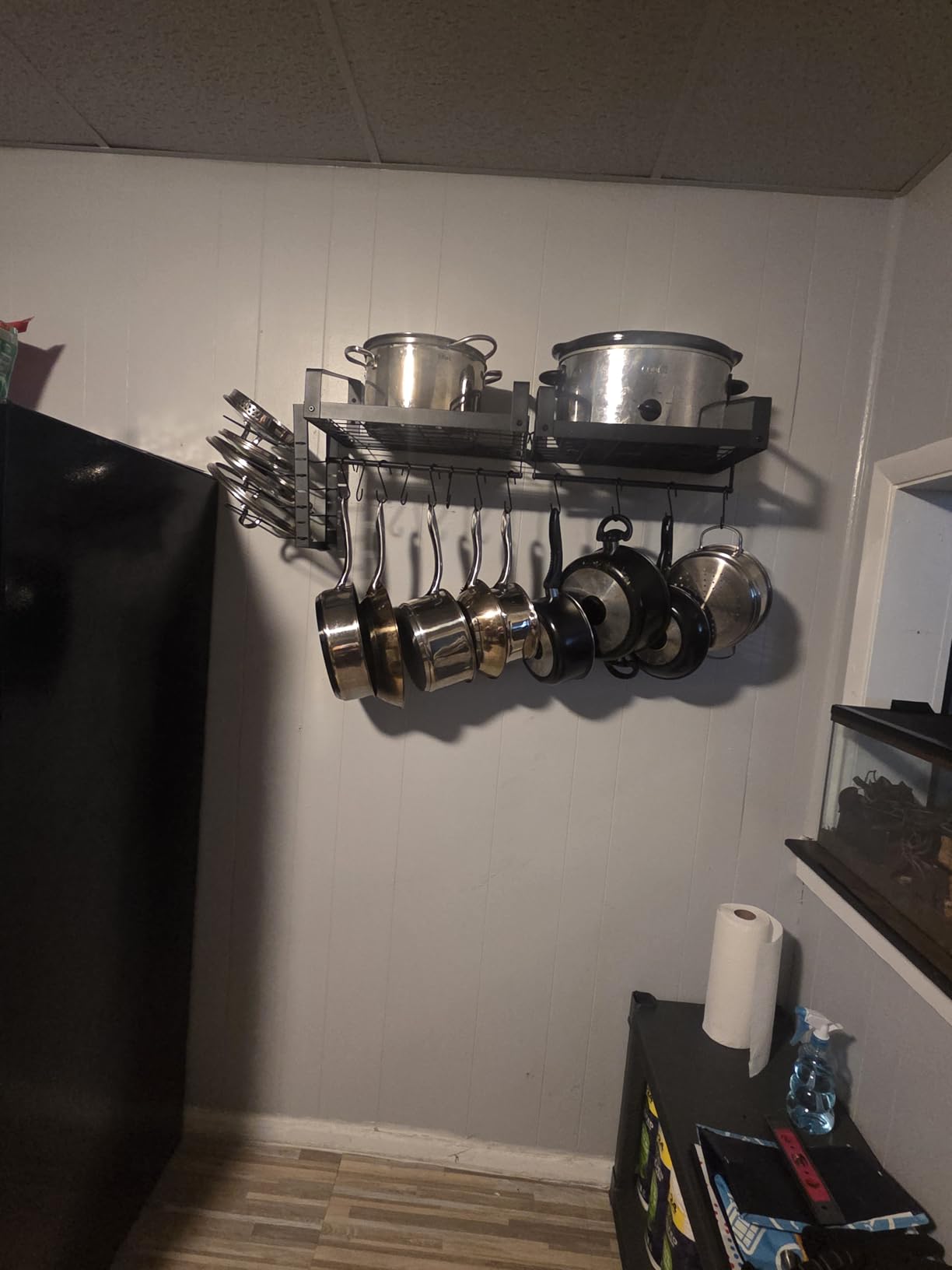 X-cosrack Pot Racks Wall Mounted Set of 2,with Towel Bar and Pots Pans Lids Organizer, Kitchen Cookware Hanging Shelves with 12 Hooks, Black customer photo 2
