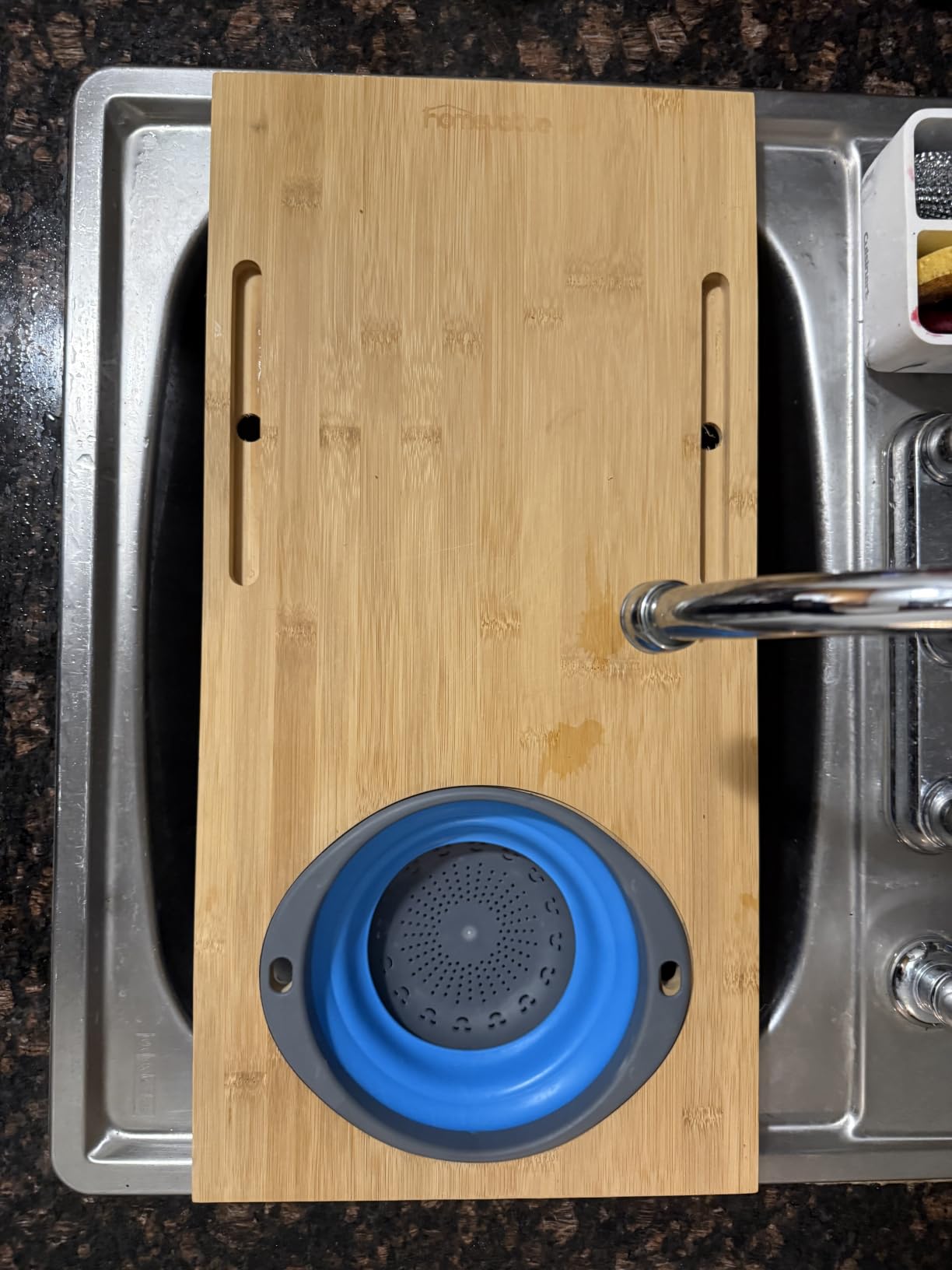 Homevative Over the Sink Bamboo Cutting Board with Collapsible/Removable Strainer and Phone Slots customer photo 2