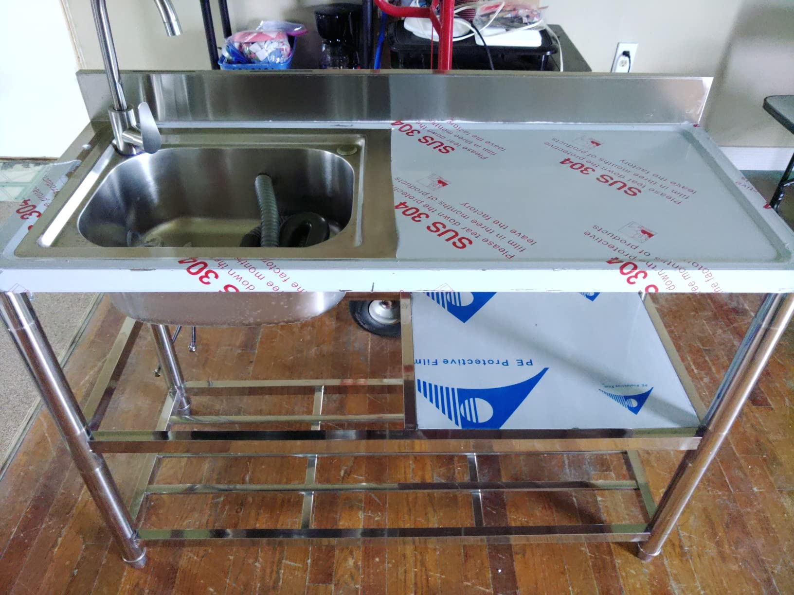 Free Standing Stainless-Steel Single Bowl Commercial Restaurant Kitchen Sink Set w/Faucet & Drainboard, Prep & Utility Washing Hand Basin w/Workbench & Storage Shelves Indoor Outdoor (39 in) customer photo 2