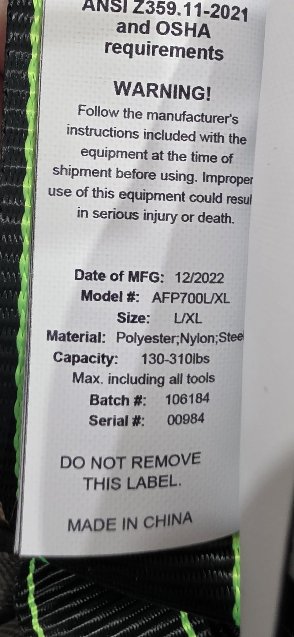 AFP Full-Body Fall-Arrest Harness with 8-Inch Support Belt customer photo 1