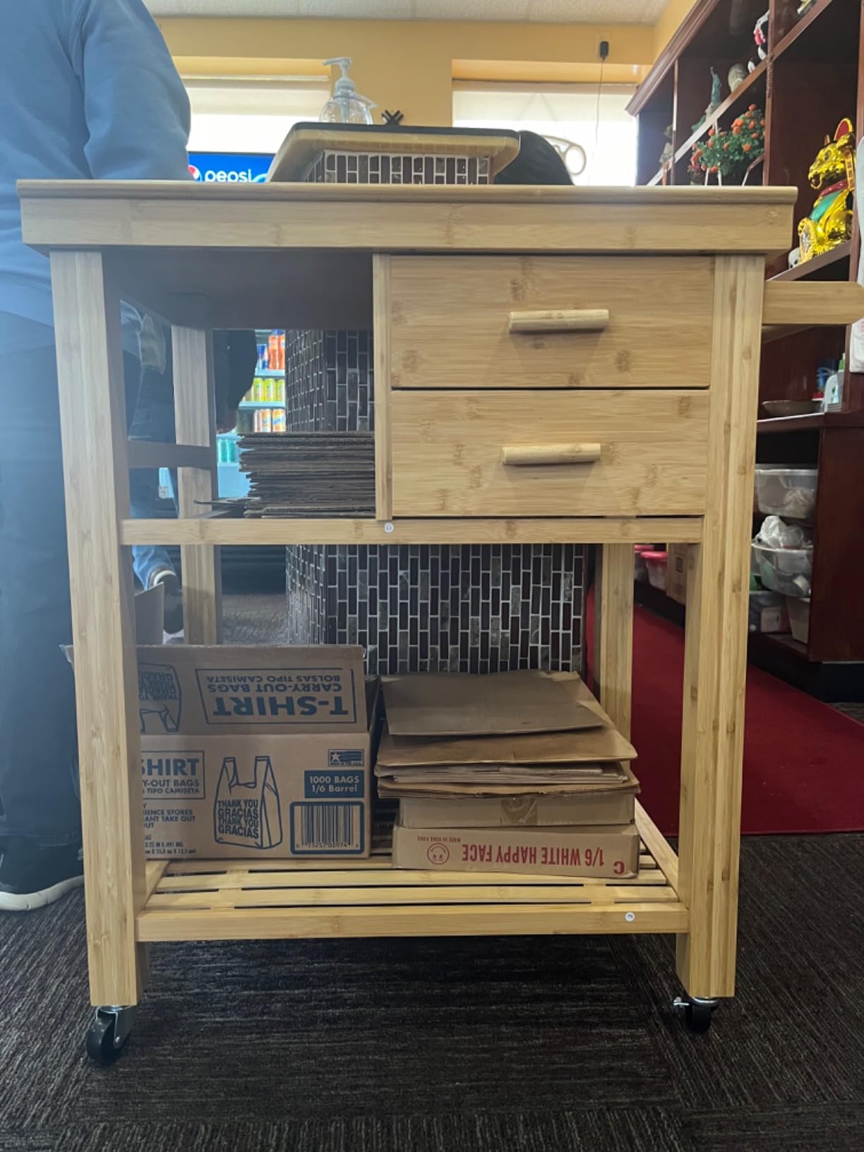 PETSITE Bamboo Kitchen Island Cart, Butcher Block Table on Wheels with Drawers, Shelves, Towel Rack customer photo 2