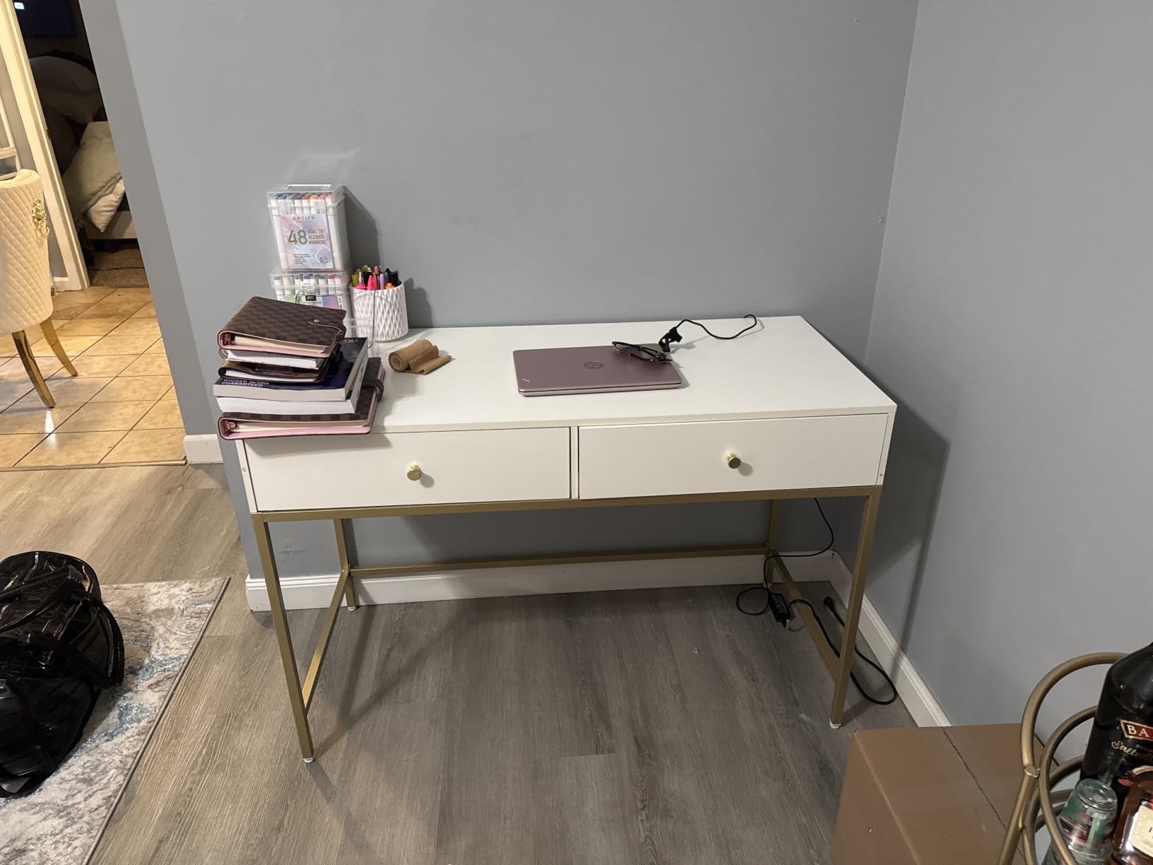 SUPERJARE White and Gold Vanity Desk with Drawers, 47 inch Computer Desk customer photo 2