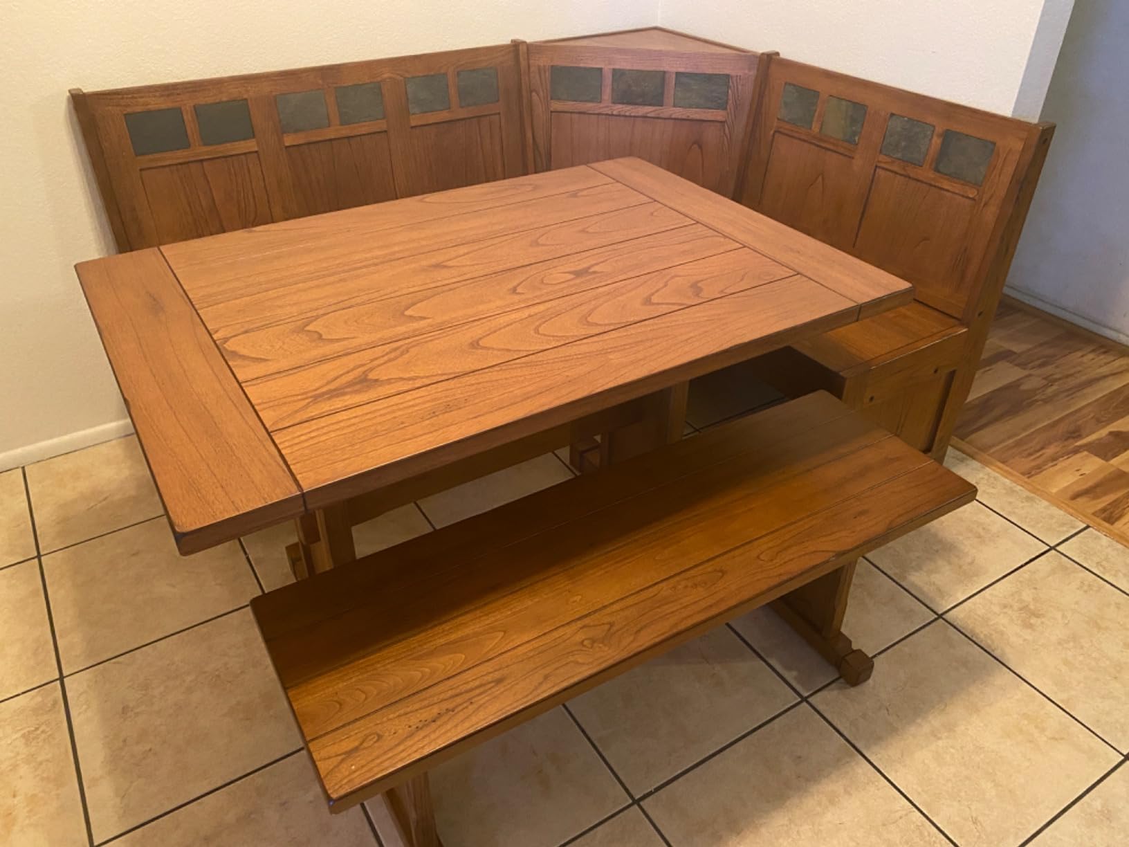 Pemberly Row Farmhouse Wood Kitchen Corner Breakfast Dining Nook Set with Table, Reversible Bench, and Hidden Storage in Rustic Oak customer photo 2