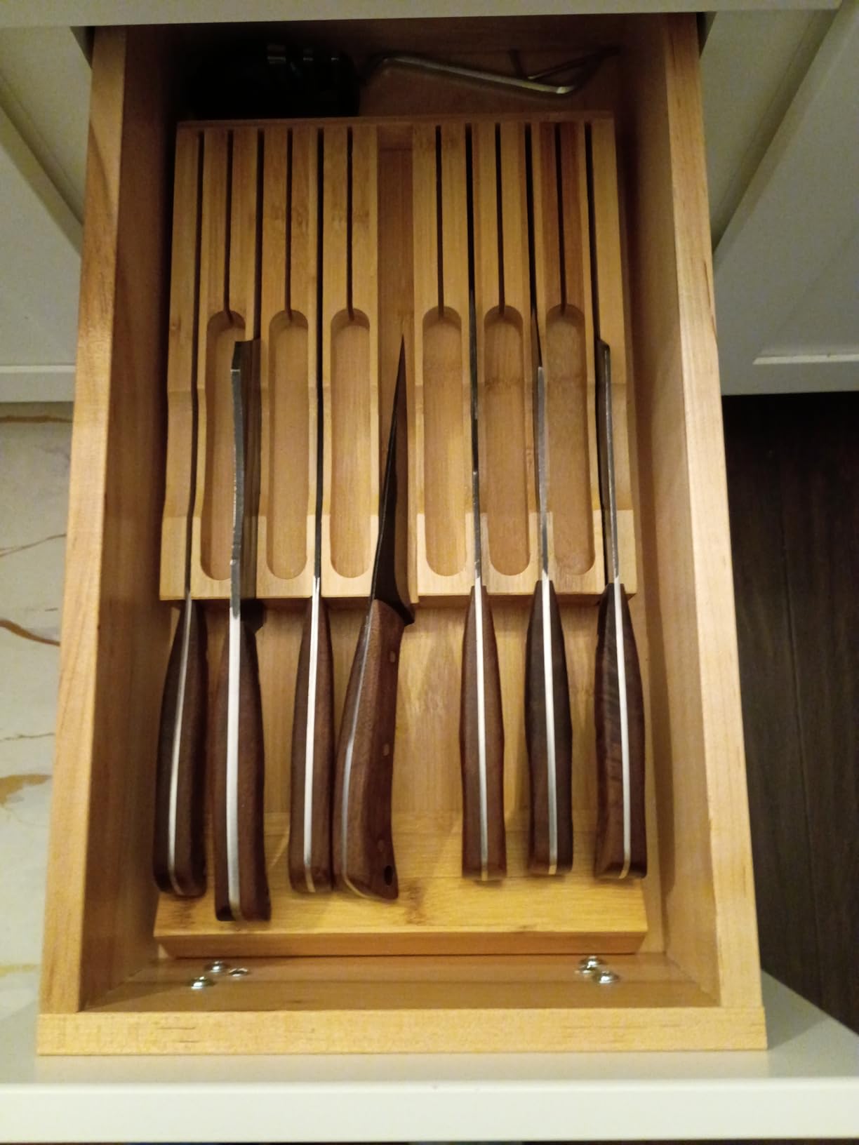 VaeFae Bamboo Knife Drawer Organizer, Knife Drawer Organizer Insert, Kitchen Drawer Knife Block for 12 Knives and a PLUS Slot for your Knife Sharpener (Without Knives) customer photo 1