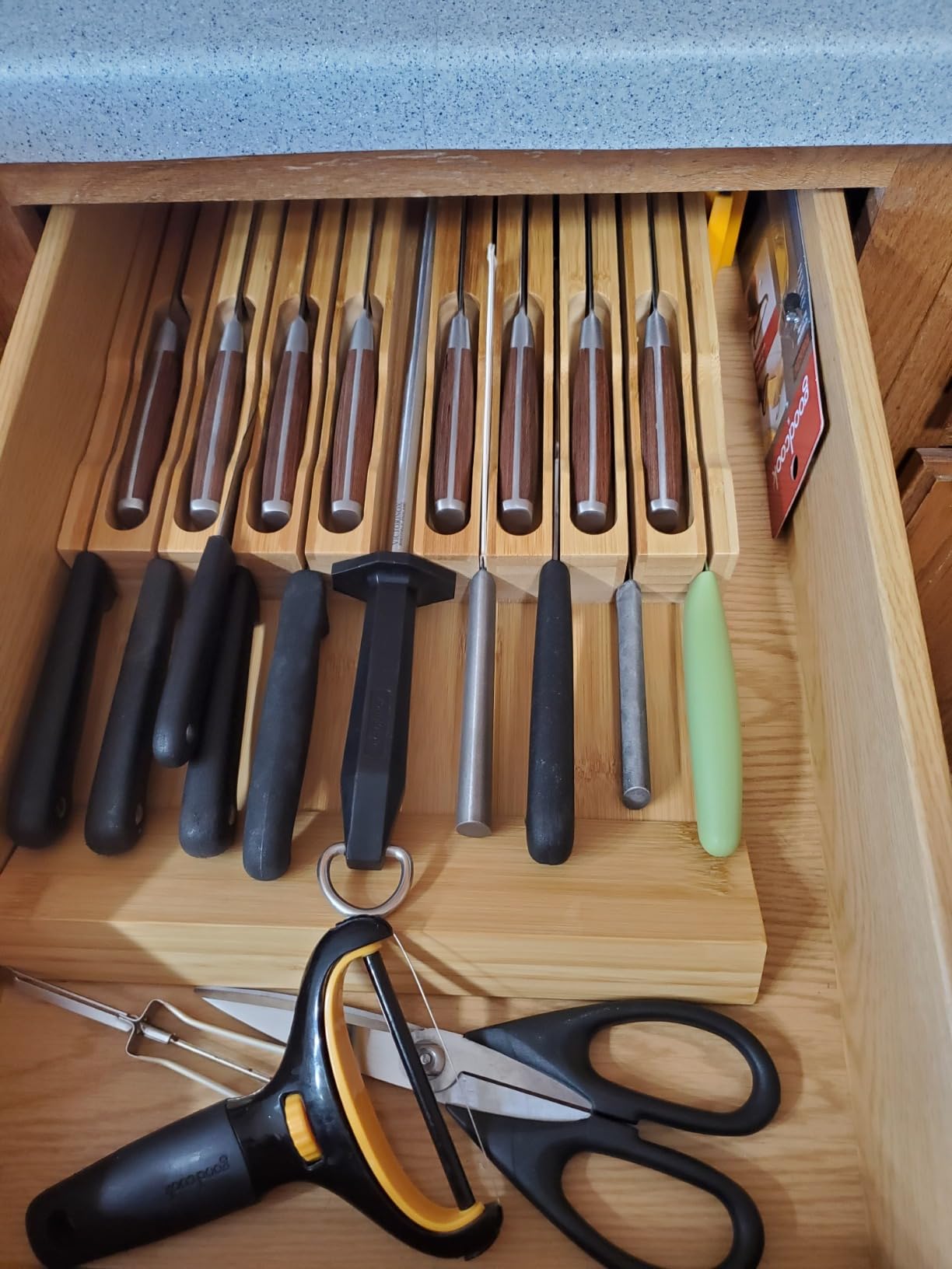 VaeFae Bamboo Knife Drawer Organizer, Knife Drawer Organizer Insert, Kitchen Drawer Knife Block for 12 Knives and a PLUS Slot for your Knife Sharpener (Without Knives) customer photo 2